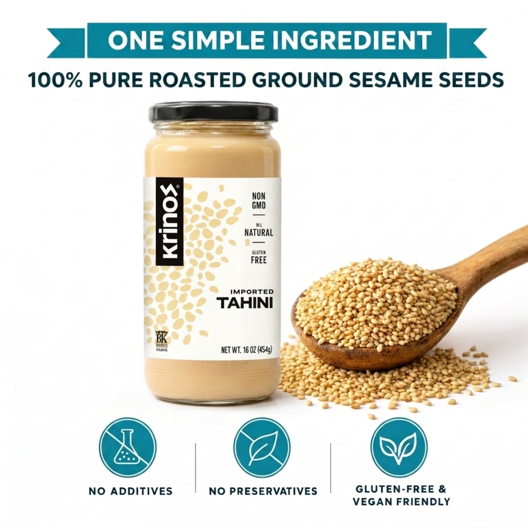(6 pack) Krinos Tahini Spread with Velvety Texture 16oz Jar - Premium Sesame Paste