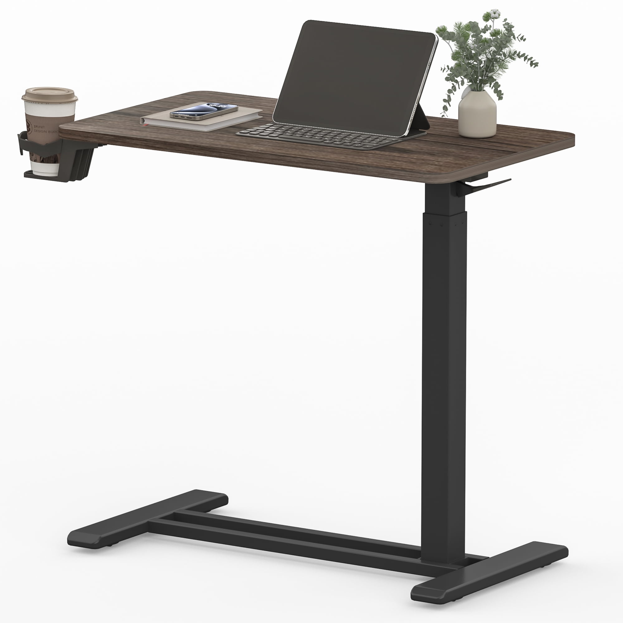 FitStand Height Adjustable Medical Bed Table with Hidden Casters, Rolling Laptop Desk with Cup Holder, Small Pneumatic Sit Stand Desk for Home Office, Sofa or Bedside Use, 28"x16", Walnut