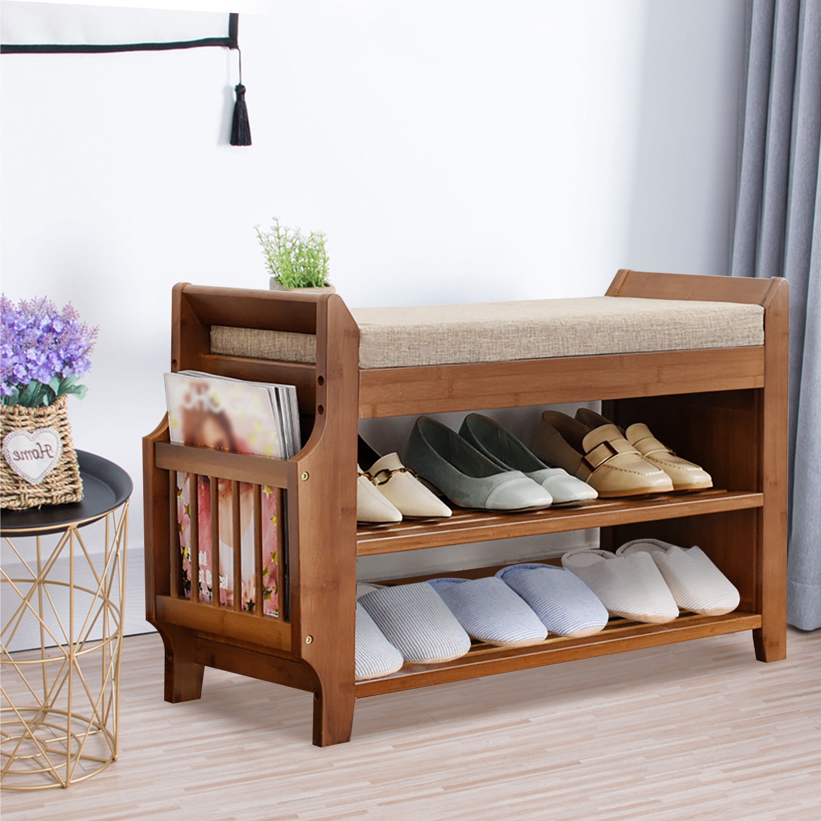 ANQIDI 2 Tier Shoe Rack Bench, Boot Organizer Bamboo Cushion Storage Shelf w/Soft Seat for Hallway Entryway