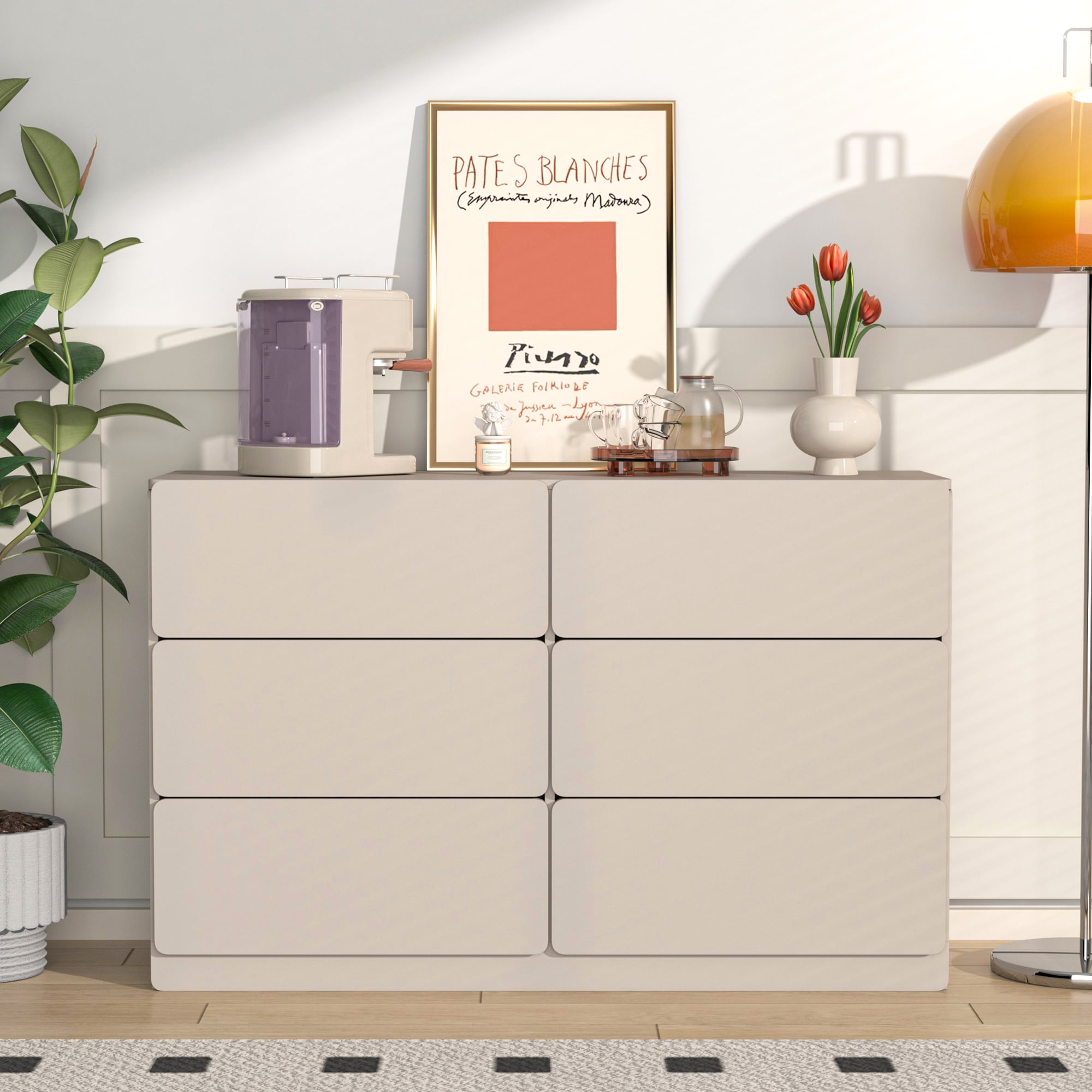 Demi Bonn 6 Drawer Double Dresser, Modern 6 Chest of Drawers with Deep Drawers, Wide Storage Organizer Cabinet for Living Room, Light Gray