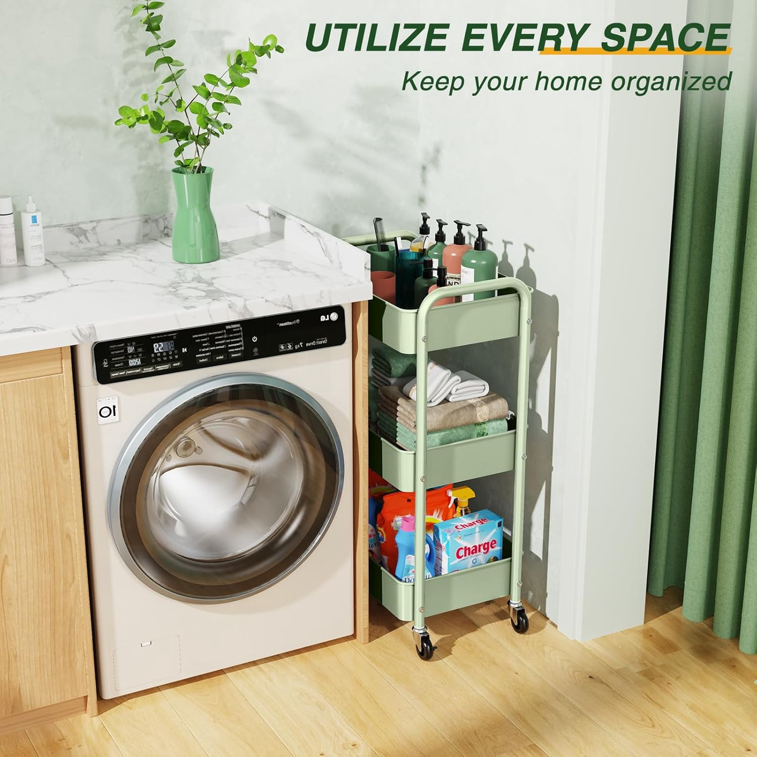 3 Tier Rolling Storage Cart, Metal Trolley Utility Cart with Wheels & Hooks, Easy Assembly Organizer Storage Cart for Bathroom Kitchen Office Bedroom