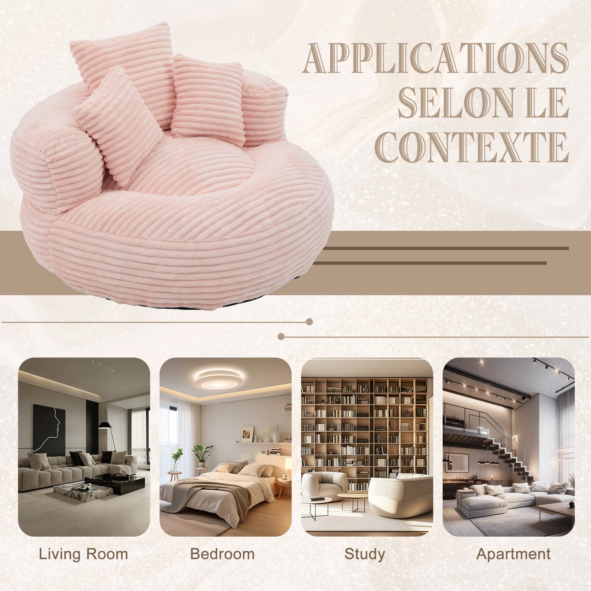 Aukfa 42.5"W Oversized Round Chaise Lounge Chair Indoor, Corduroy Floor Sofa with 3 Pillows, 550 lbs, Pink