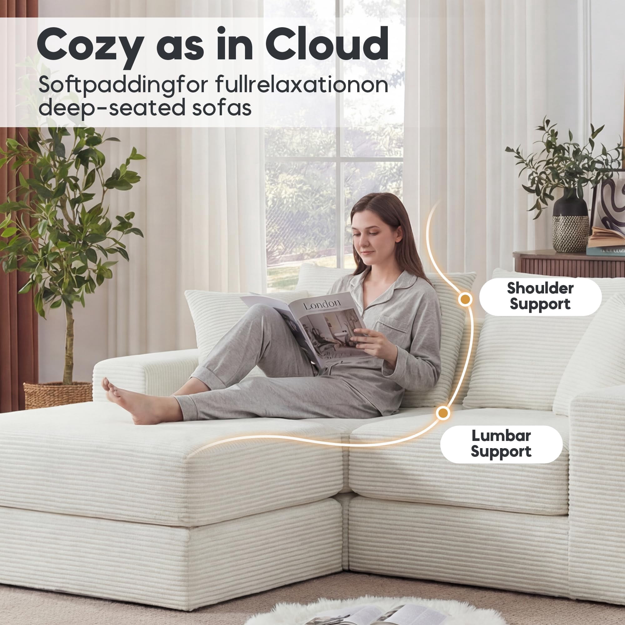 Tmsan 73.6" Modular Sectional Sofa,boneless loveseat couch with 4 Pillows,Classic L-Shape Design Convertable, for Living Room and Office,White