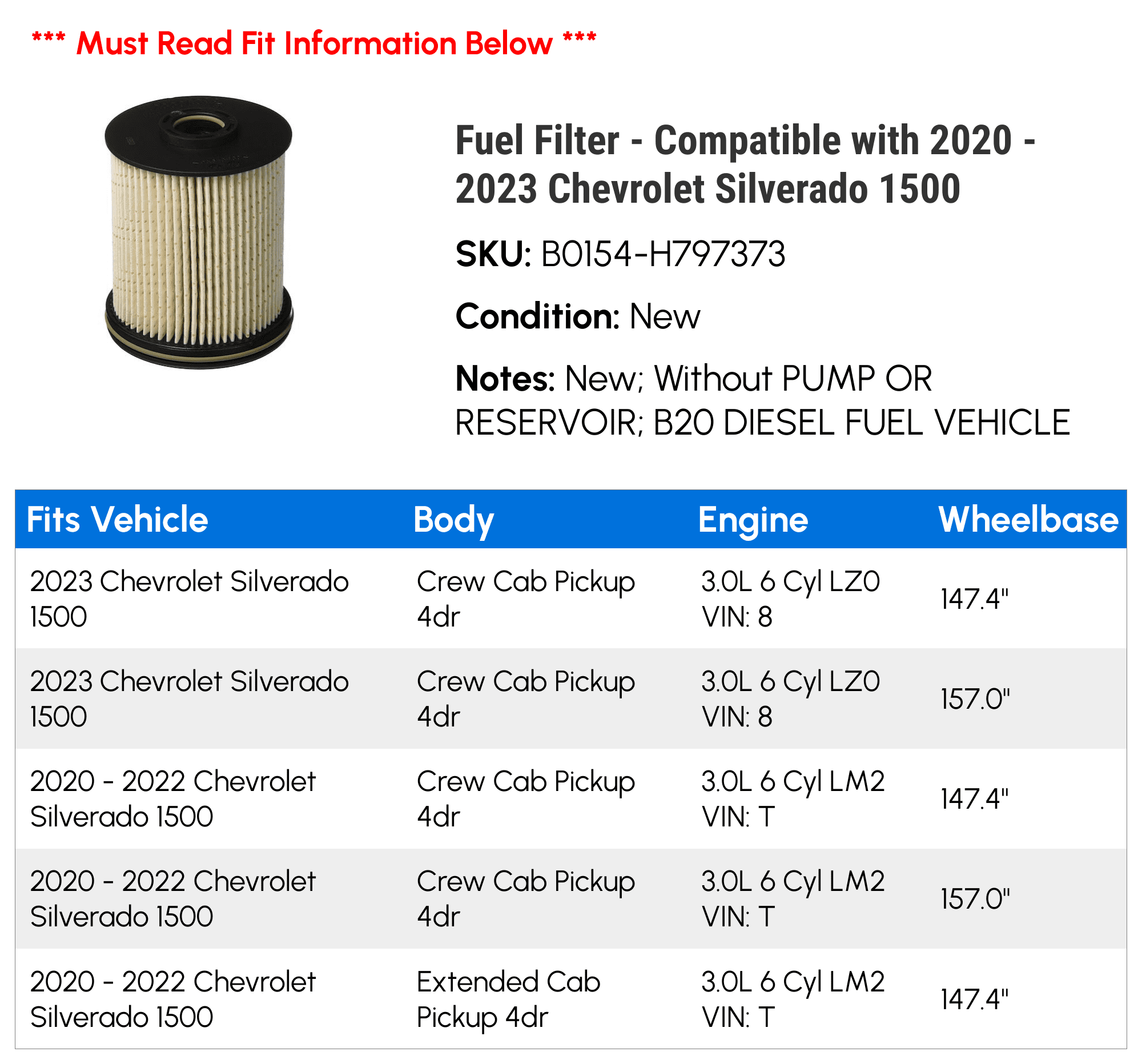 Fuel Filter - Compatible with 2020 - 2023 Chevy Silverado 1500 2021 2022