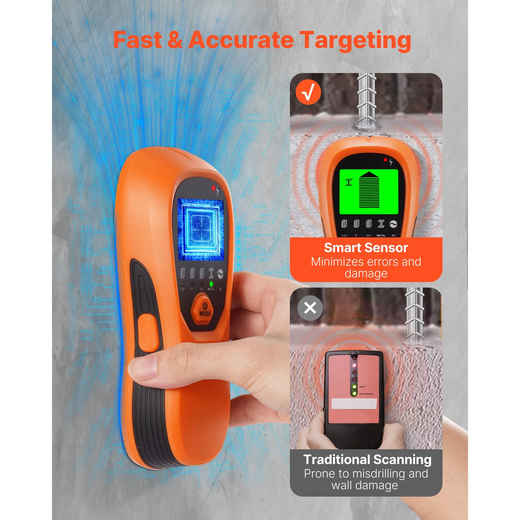 5 in 1 Stud Finder Wall Scanner with Smart Sensor,High-Definition LCD Display,Audio Alarm for Metal,AC Wire,Joists,Pipes-Orange
