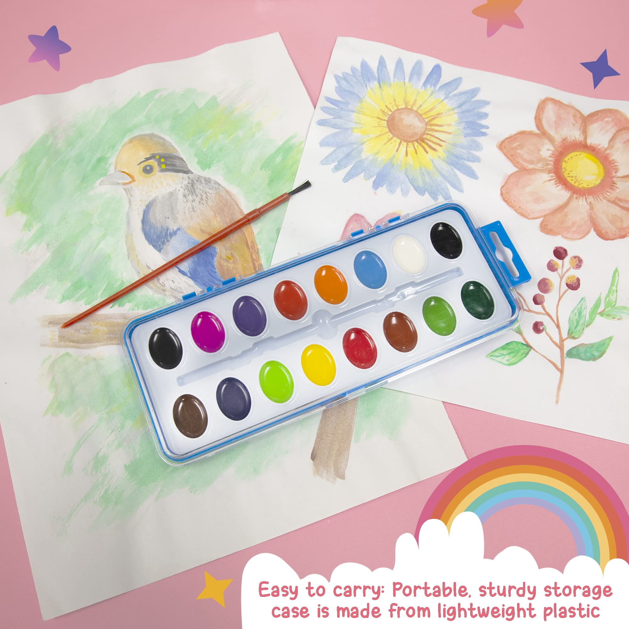 BAZIC Watercolor w/ Brush Semi Moist 16 Color, Non-Toxic Paint Set, 1-Pack