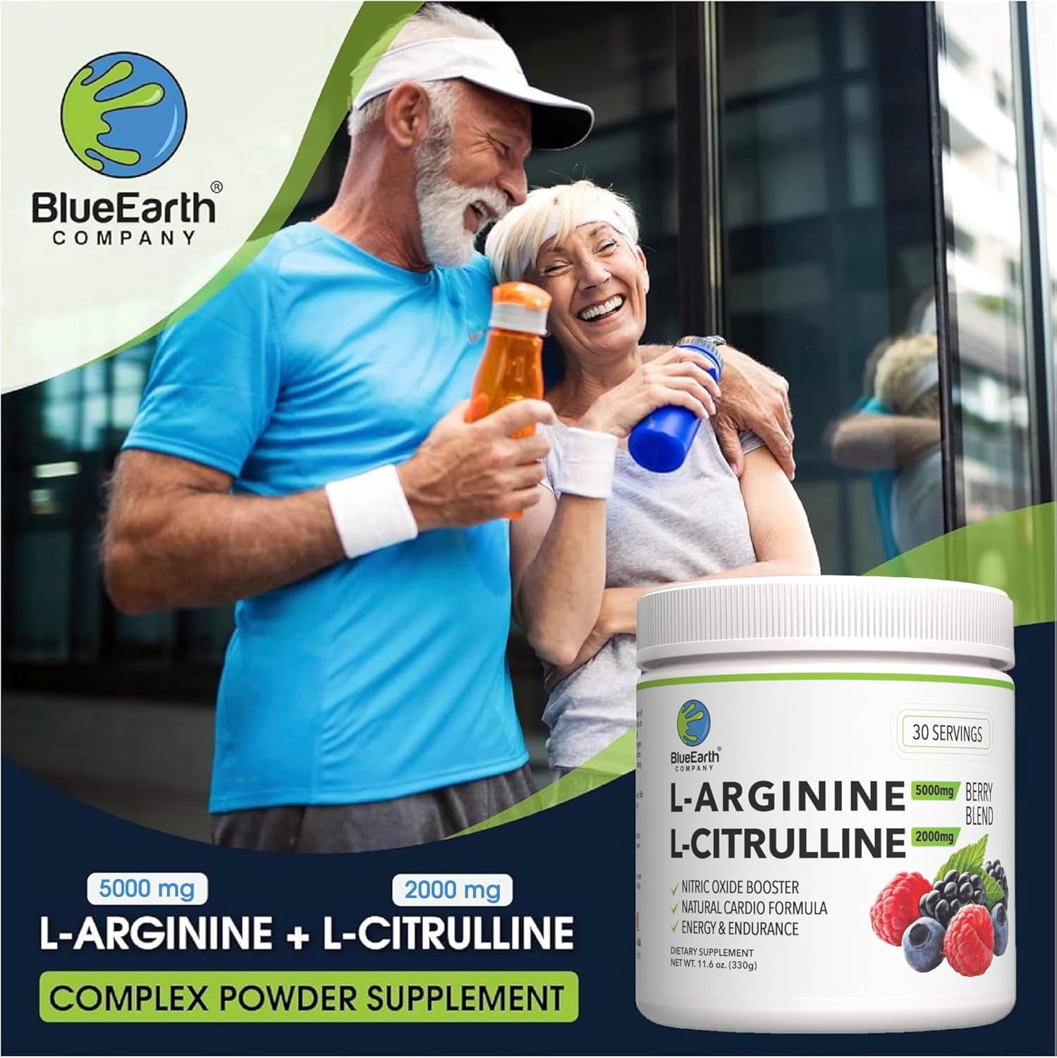 BlueEarth Company L-Arginine 5000mg, L-Citrulline 2000mg Supplement Powder, Nitric Oxide, Blood Pressure Support, Heart Health, Cardiovascular, Berry Blend 30 Servings