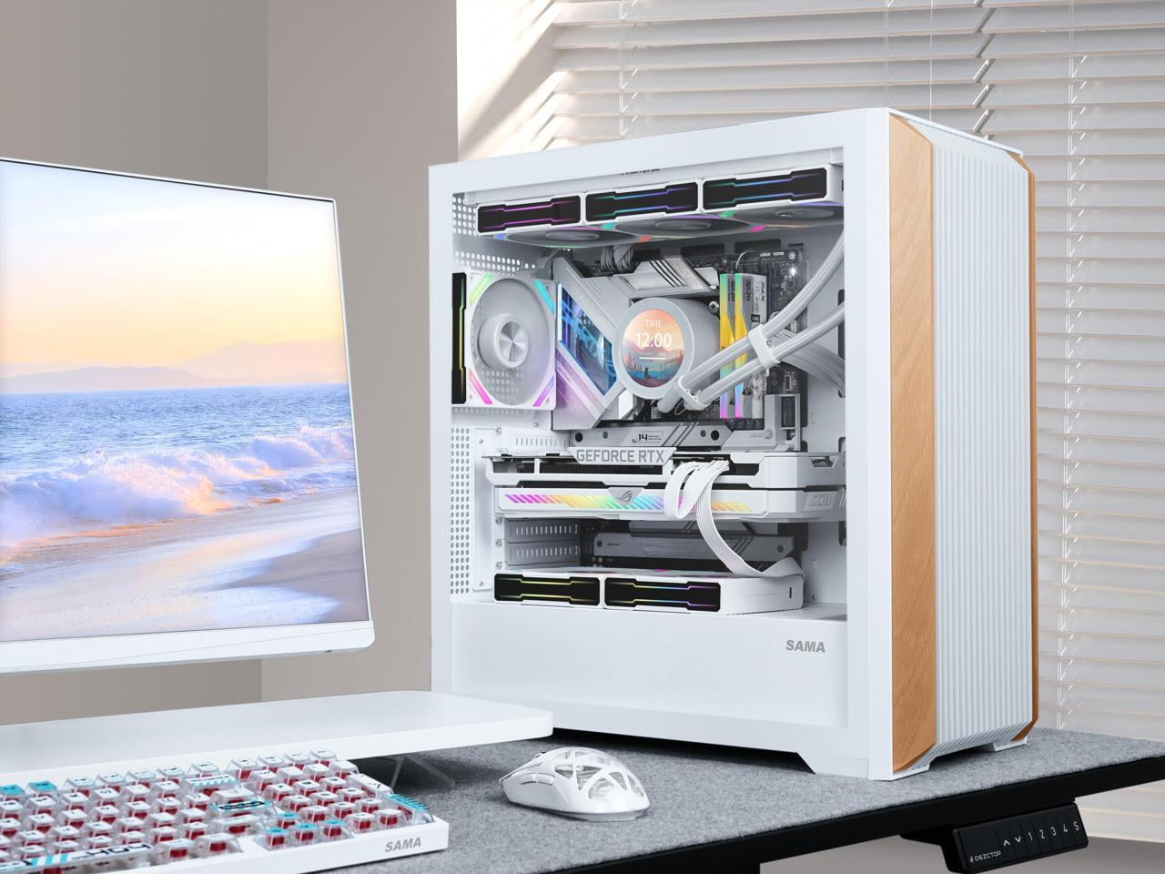SAMA Z60 White Genuine Walnut Wood PC Case, ATX Mid Tower, Pre-Installed 4x 140mm ARGB PWM Fans, Supports 360mm Radiator on Top, Type-C Port, Supports E-ATX/ATX/M-ATX/ITX, Gaming Case