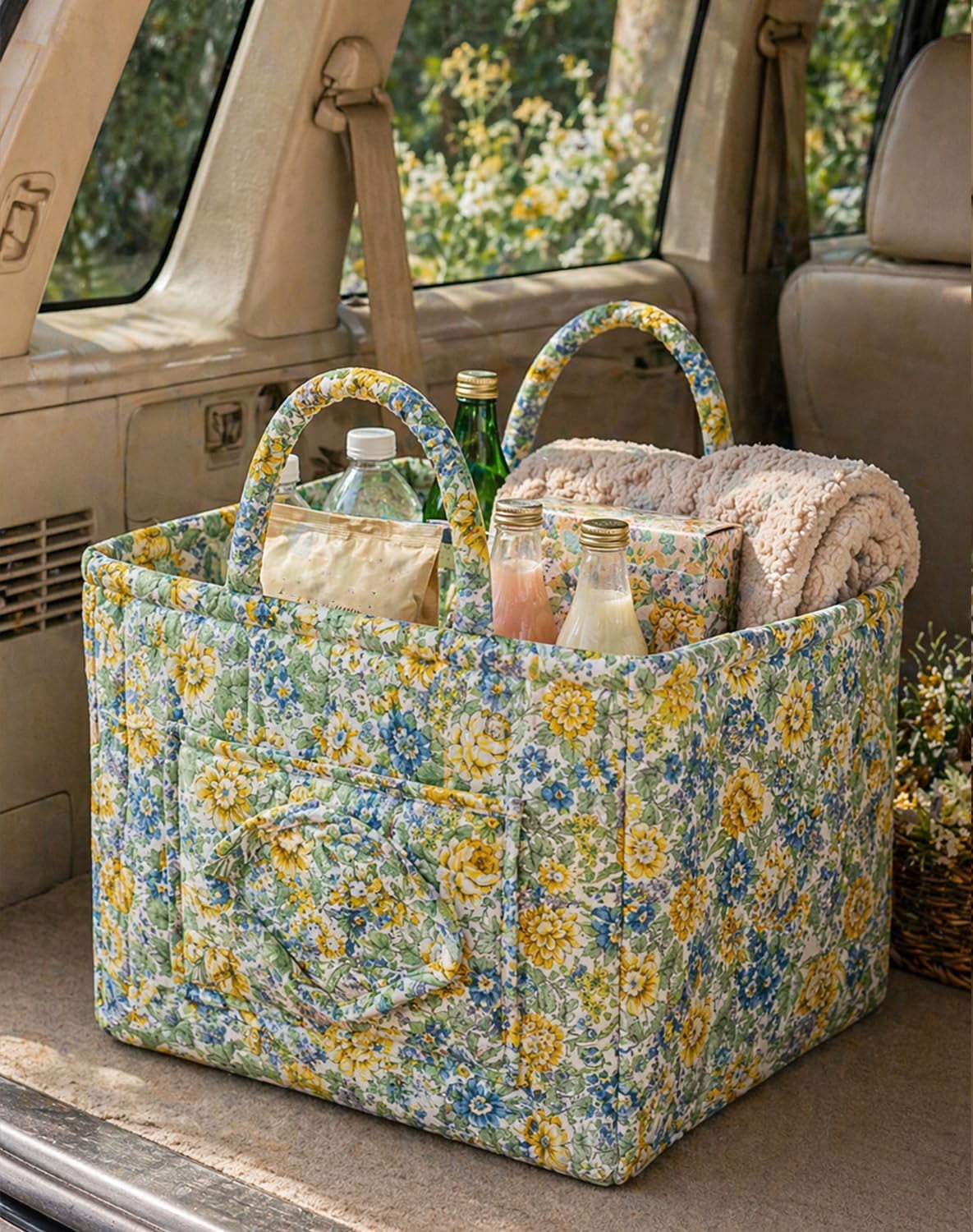 Car Storage Basket Organizer, Large Capacity Foldable Car Organizer with Handles, Quilted Fabric Auto Storage Bin for Trunk, Back Seat, Road Trips, Groceries, Toys & Accessories (Style-A)