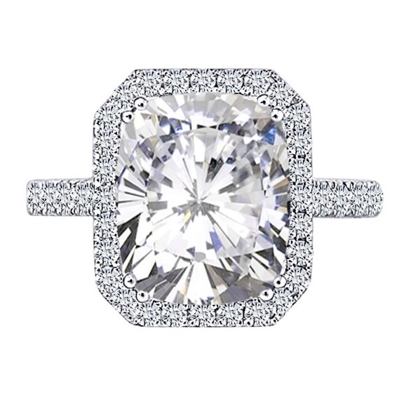 AFFY Solid 14K White Gold Center 5ct 9X11mm G-H-I Color 2mm Band Width Cushion Cut Halo Moissanite Engagement Ring with Accents for Women Ring Size-4