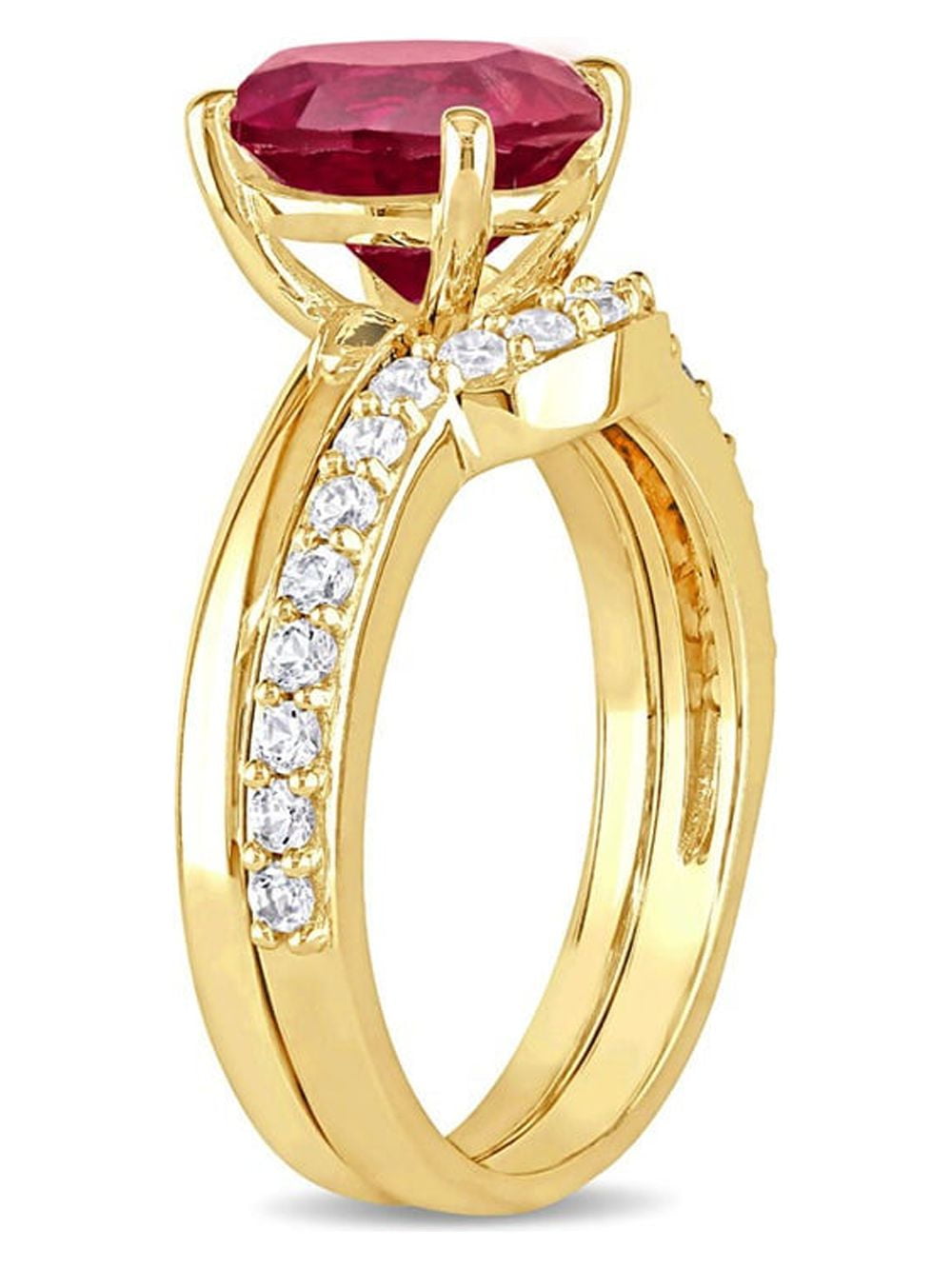 2.80 Carat (Ctw) Lab-Created Ruby and White Sapphire with Bridal Wedding Set Engagement Ring 10K Yellow Gold for Women