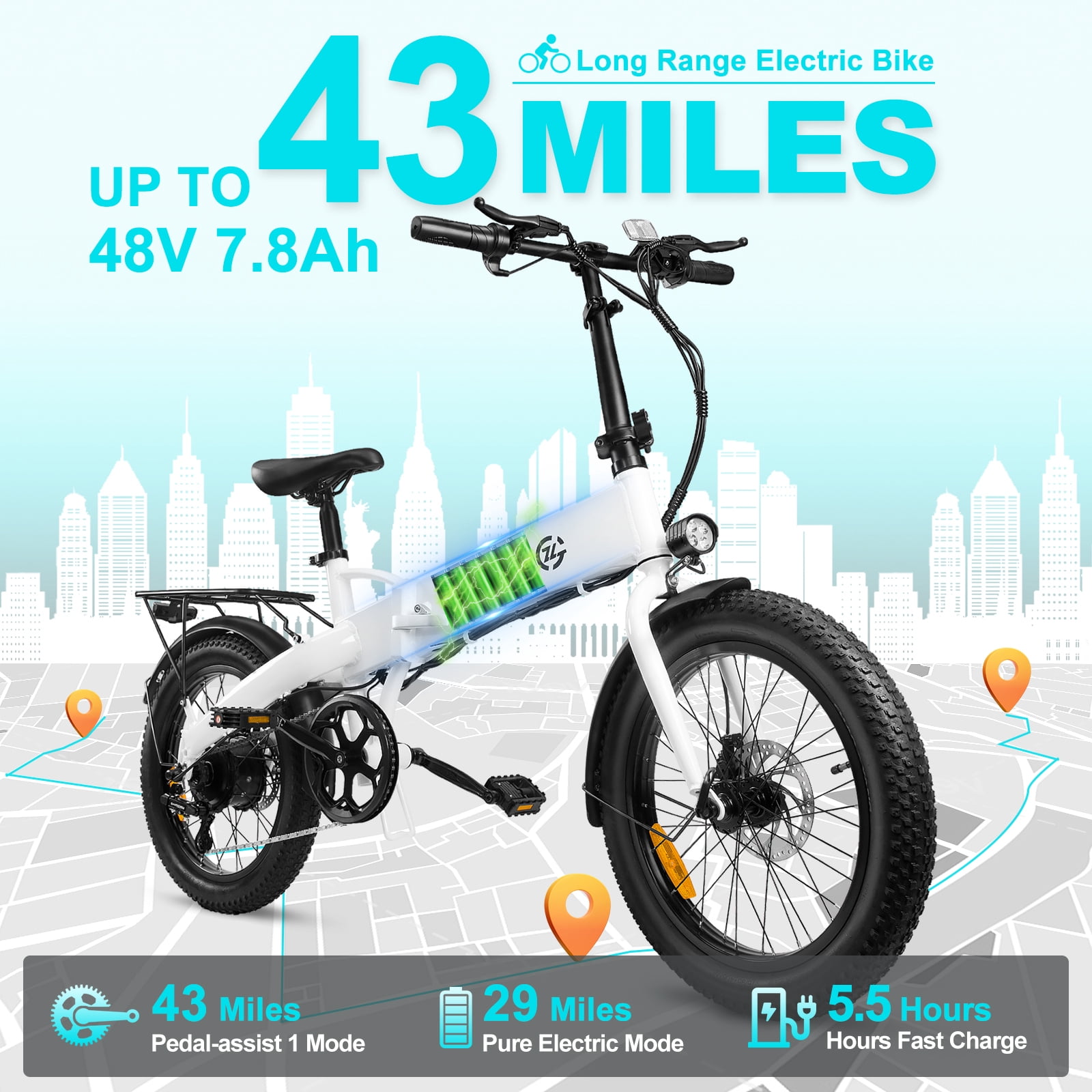 Zoonlai Electric Bike for Adults,500W Motor Foldable 48V 10.4.4Ah Removable Battery,20" Fat Tire,City Urban Commuting Bicycles,UL2849