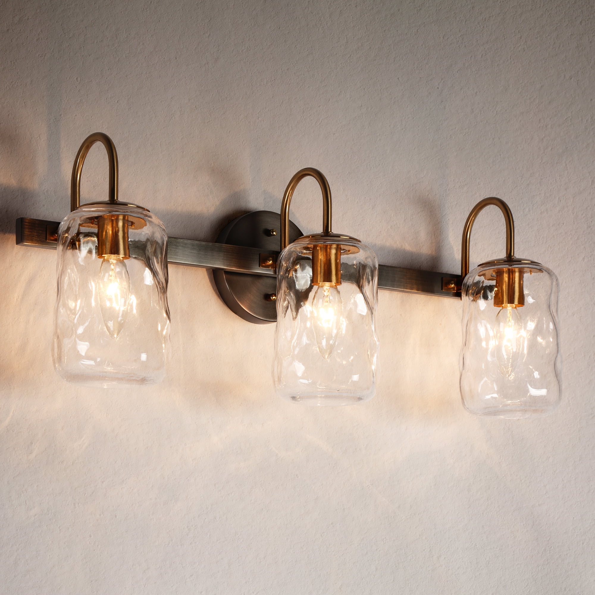 LNC Modern 3-Light Bathroom Vanity Light with Clear Water Glass, Black and Gold Fixture
