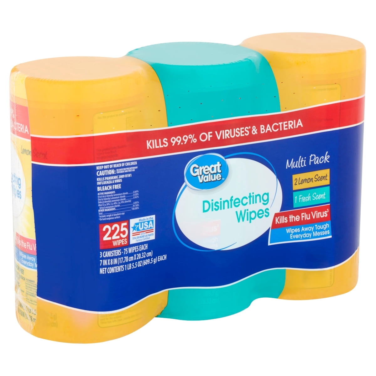 Great Valu Disinfecting Wipes, Lemon and Fresh Scent, 225 Count, 3 Pack