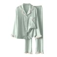 thumbnail image 2 of SMihono Women's Ruffle Cotton Pajamas Set Long Sleeve Loose Button Down Sleepwear Fall Winter 2 Piece Comfy Pjs Lounge Sets Green L, 2 of 4