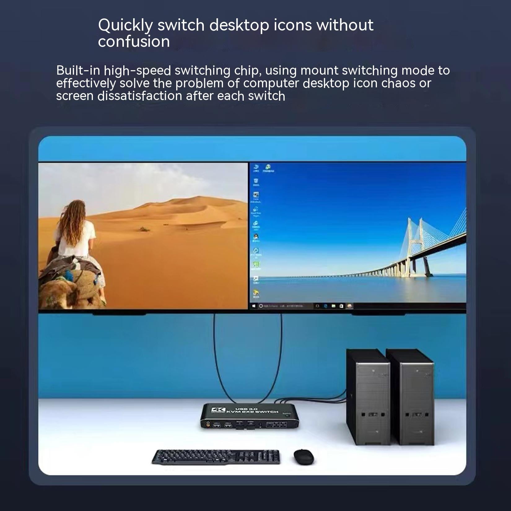 HDMI KVM Switch Dual Screen 2 Monitors 2 Computers 2 in 2 Out,4K@60Hz USB KVM HDMI Switches with Audio HDMI2.0 Ports + 4X USB3.0,Supports 4K 60Hz,1080P 144HZ,RGB 4:4:4,3D,HDR,HDCP,Hotkey,Darkish