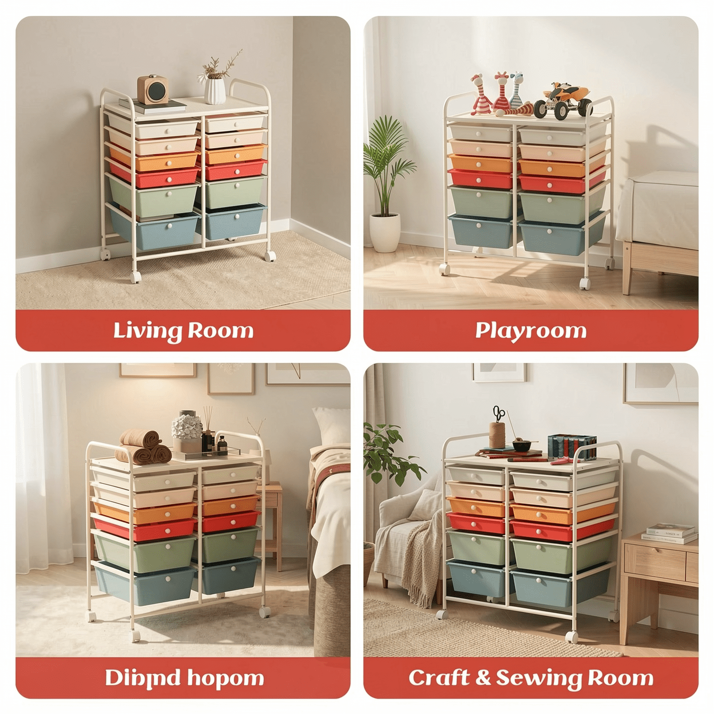 Furnibear 20-Drawer Clear & Color Cart Multi-Purpose Rolling Storage for Home & Hobby， Deep Multicolor