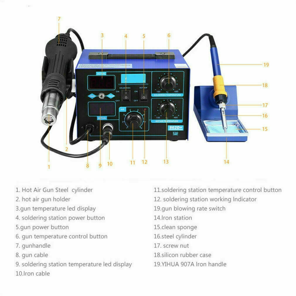 2-in-1 862D+ SMD Soldering Iron w/Hot Air Gun Rework Station Digital Display KTM
