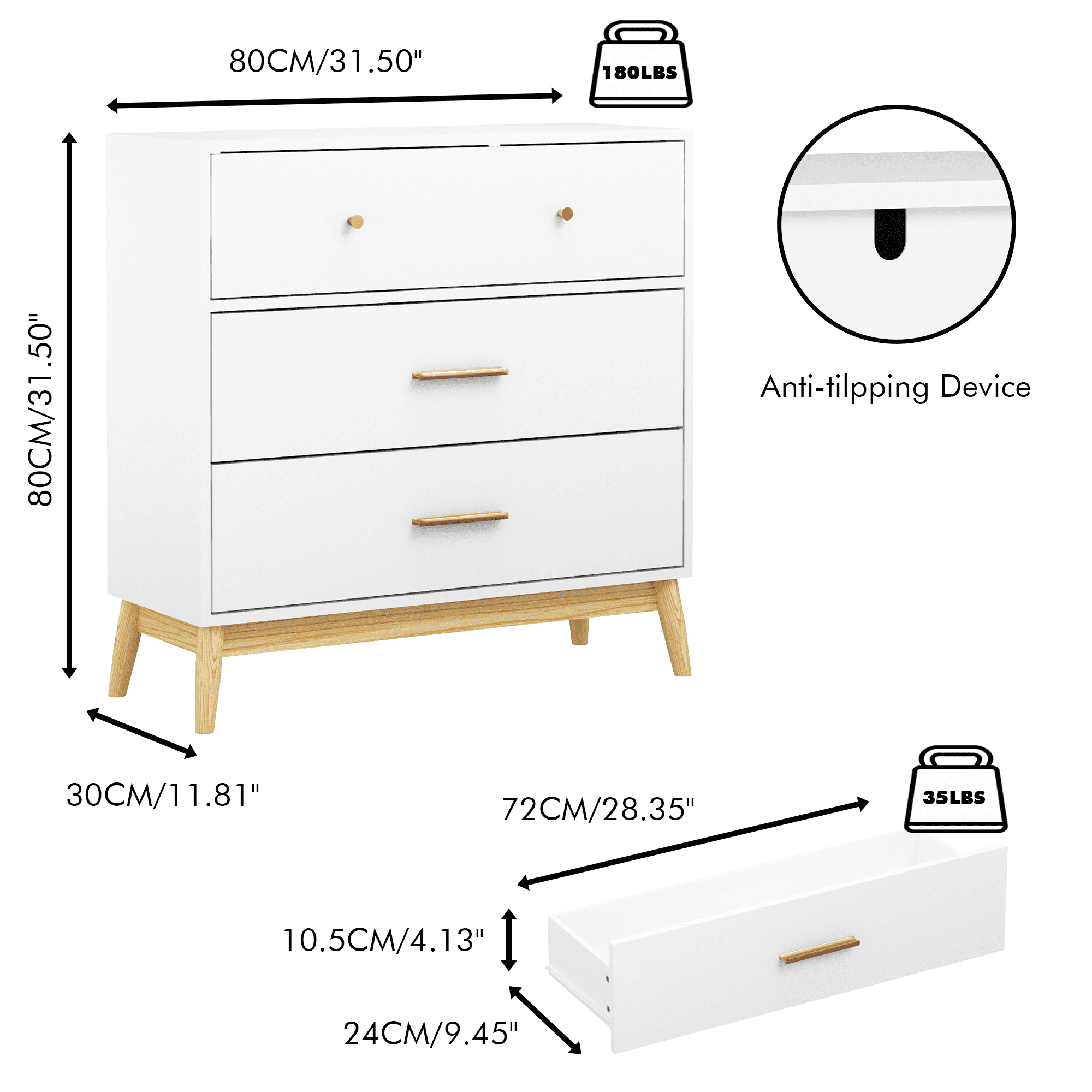 3 Drawer Dresser for Bedroom,Modern Chest of Drawers,Small Dresser Nightstand Organize with Rose Gold Handle for Small Space,Kids Room