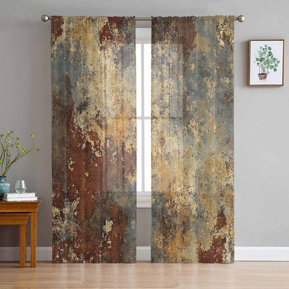 Brown Gray Sheer Curtains 63 Inches Length 2 Panels Set, Window Sheer Curtains for Living Room/Bedroom, Rustic Abstract Gradient Mottled Texture Light Filtering Rod Pocket Curtain 52'' x 63'' x 2