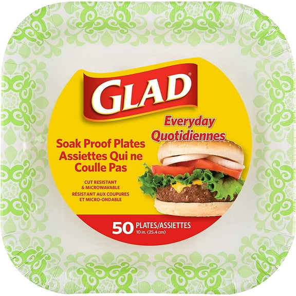 Square Heavy Duty Paper Plates, Soak Proof and Cut for Parties Everyday Meals, Microwaveable Easy Serving, Green Victorian Pattern, 10 Inch, 50 Count