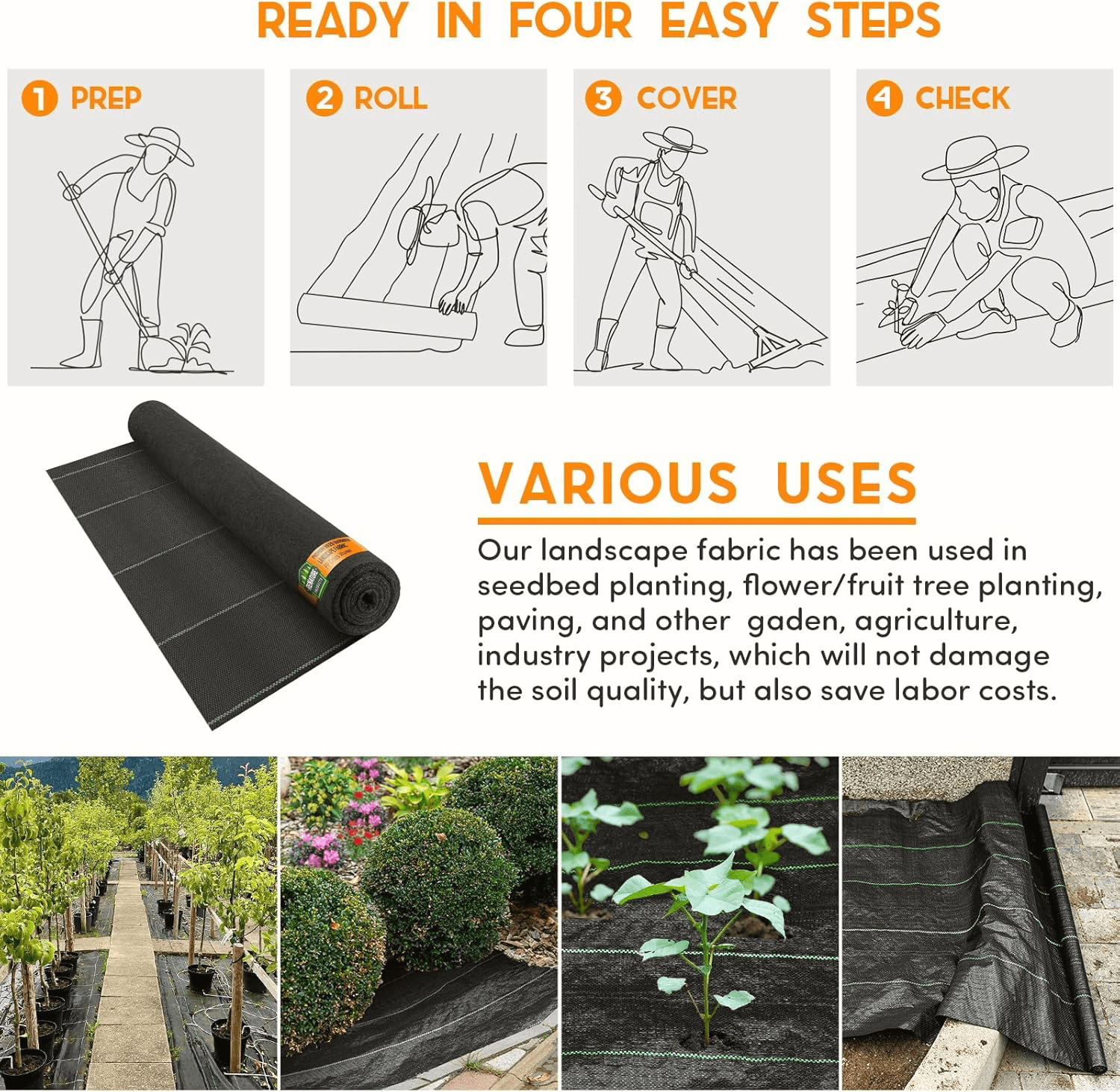 3FT x 100FT Weed Barrier Landscape Fabric, 3.2oz Premium Heavy Duty Garden Cloth, Ground Cover for Gardening, Farming with 30 U-Shaped Securing Pegs