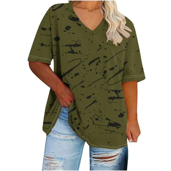 Oversized T-Shirts for Women Summer Loose Blouses Top Casual Short Sleeve TShirt V Neck Floral Print Dressy Shirts Plus Size Pullover Top