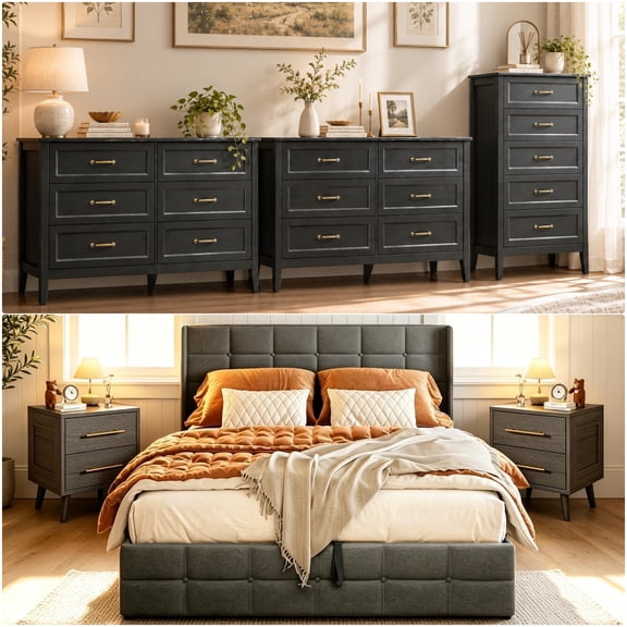 6-Piece Bedroom Furniture Set — Gizoon Queen Lift Up Storage Bed with Modern Wingback Headboard, 2 Nightstands, 7-Drawer Dresser and 5-Chests