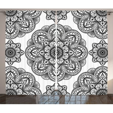 Ambesonne Black Curtains 2 Panel Set, Ornate Mandala Patterns, 108" x 90", Black