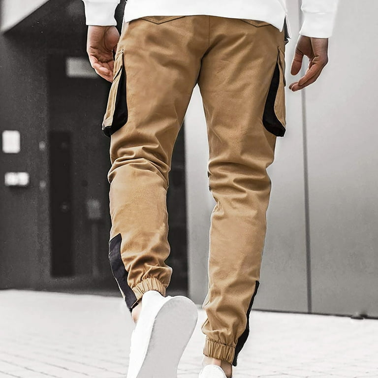 Guzom Mens Cargo Pants- Cargo Pants Slim Fitting Color Matching Leggings  Drawstring Pants Outdoor Sports Casual Pants Overalls Pants Khaki 