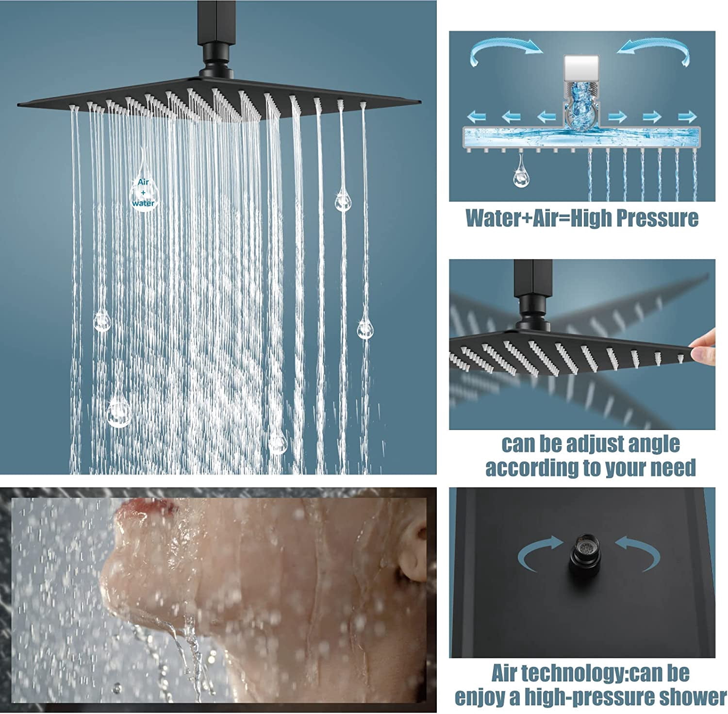 Zovajonia Matte Black Shower System 8 Inches Shower Faucet Set,  Rain Shower Head with Handheld Spray Bathroom Ceiling Mount Shower Fixtures