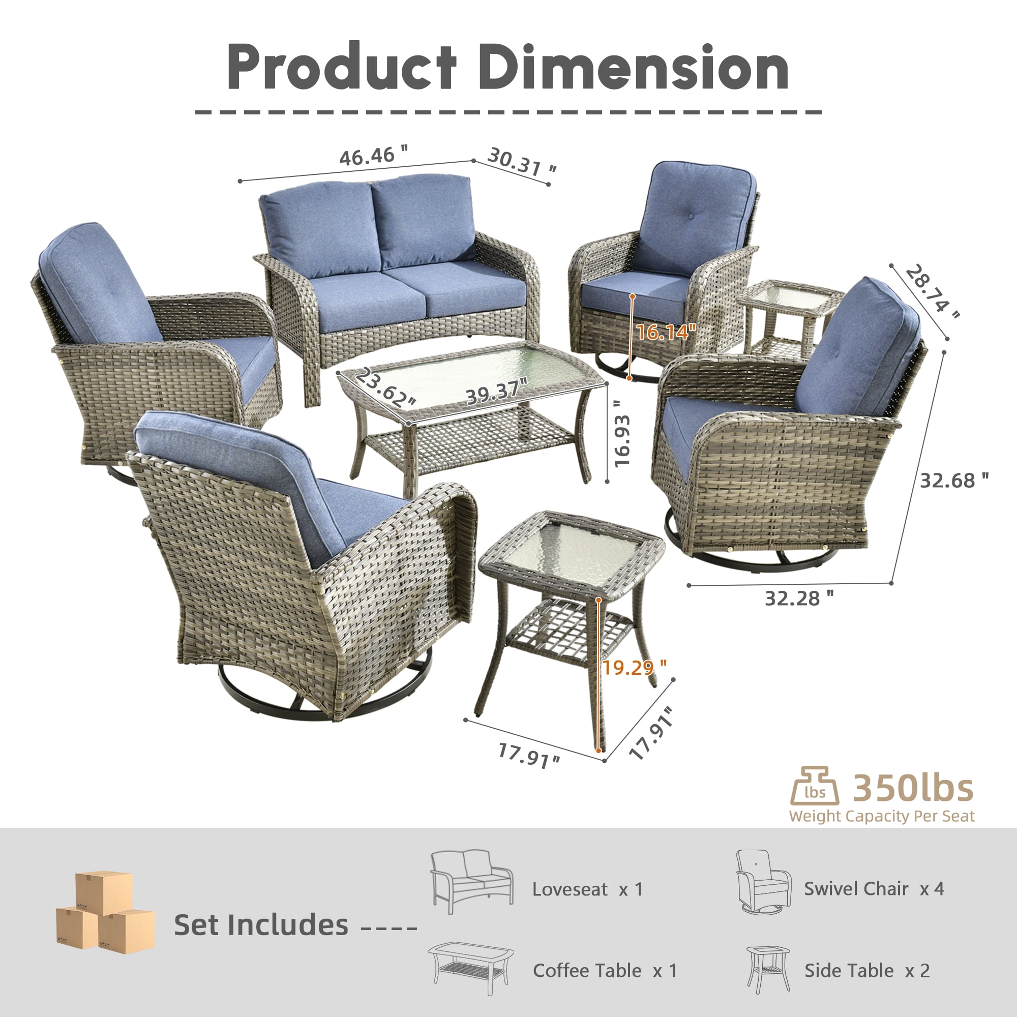 Ovios 8 Pieces Outdoor Patio Furniture Set High Back All Weather Wicker Conversation Set with Swivel Chairs & Coffee Table, Denim Blue