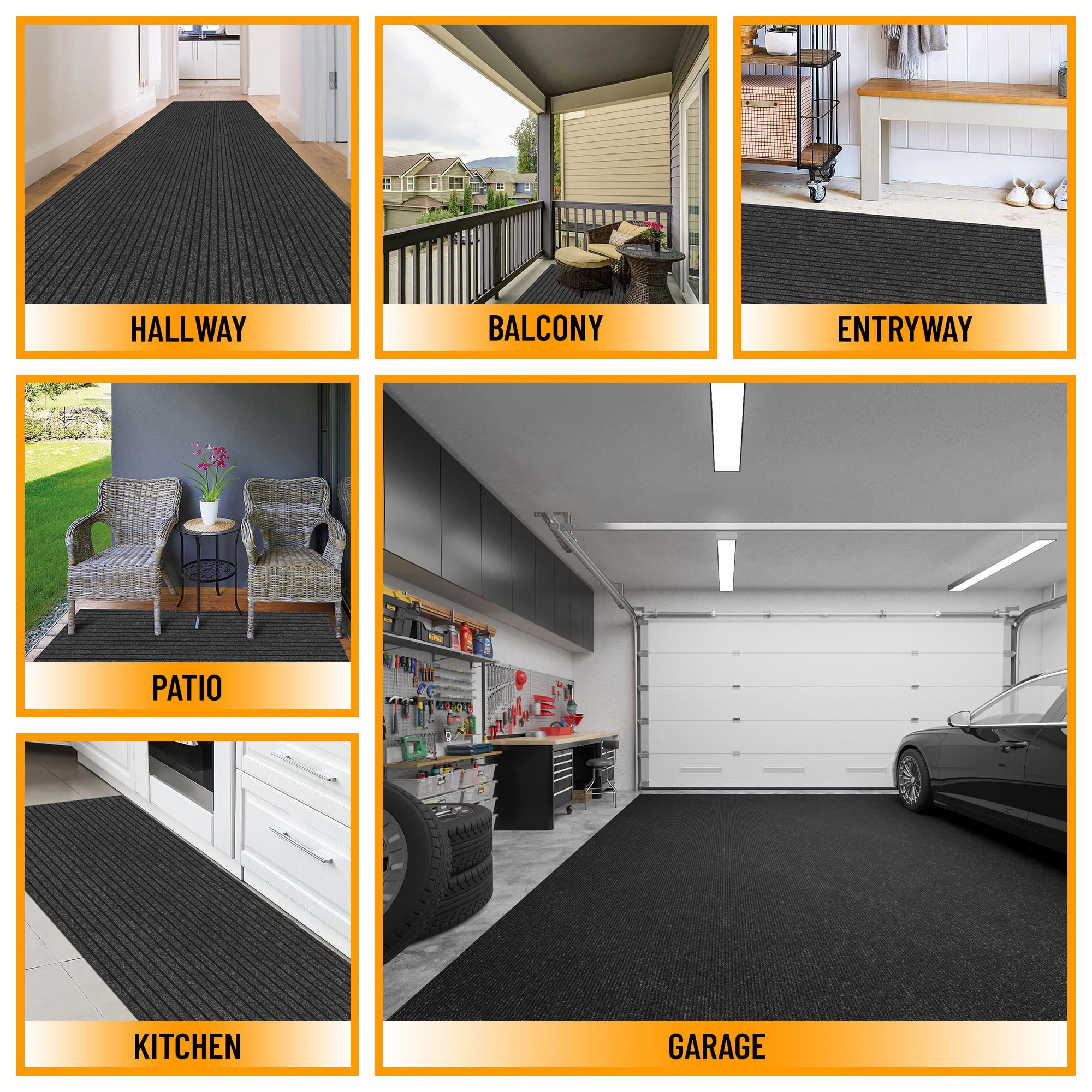 Ottomanson Non-Slip Hallway Runner Rug 2'7" x 30' Indoor/Outdoor Custom Size Utility Carpet for Garage, Black Ribbed