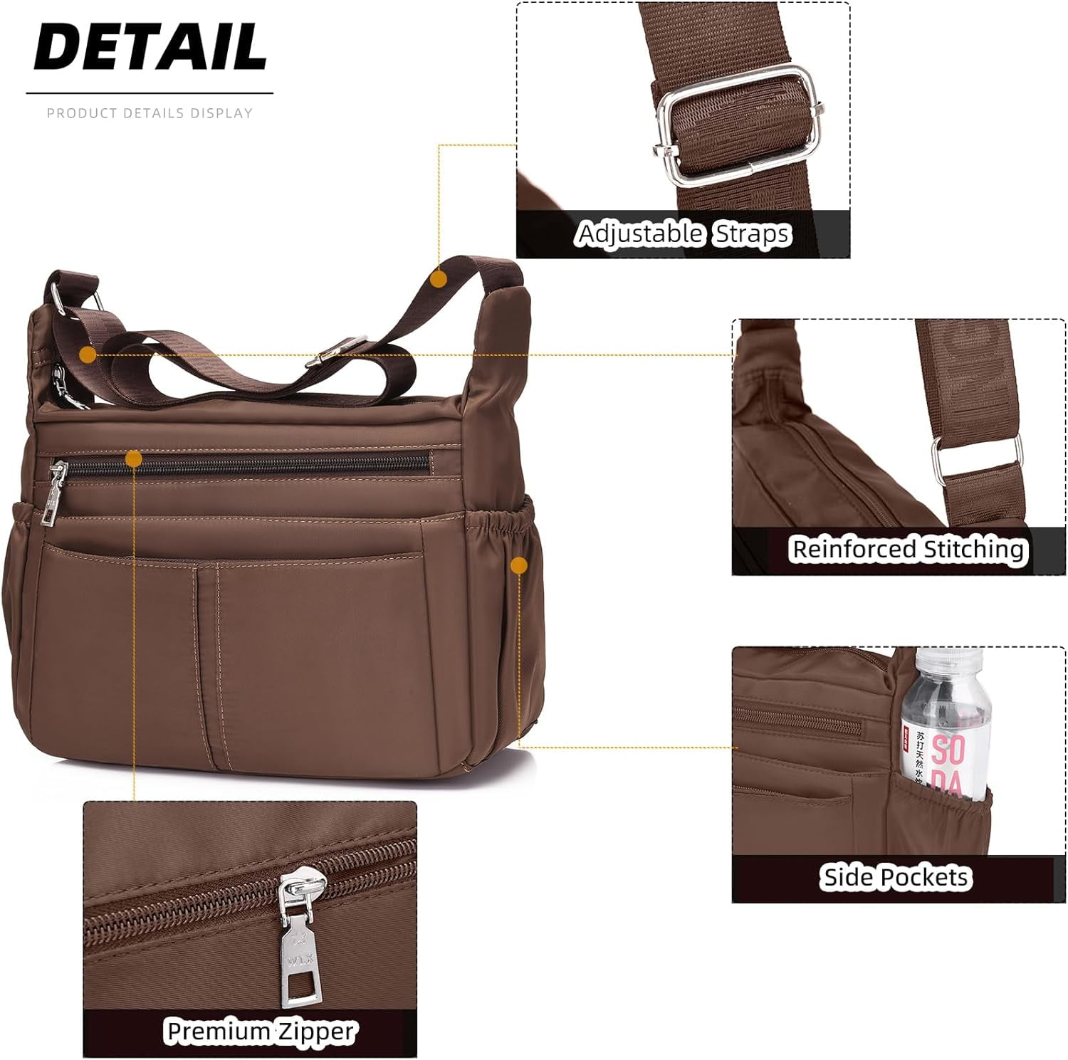 Women Shoulder Bag Multi-Pockets Handbag Water-Resistant Nylon Crossbody Bags Large Purses Lightweight Messenger Bag Black