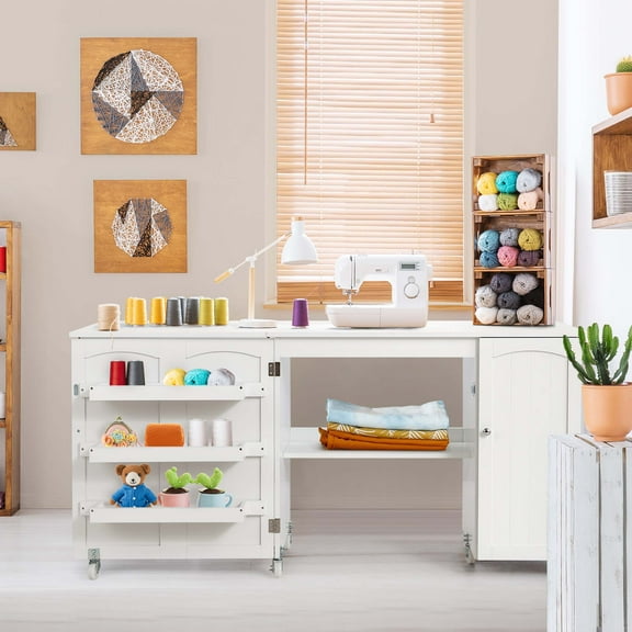 Costway Folding Sewing Table Shelves Storage Cabinet Craft Cart with Wheels Large White