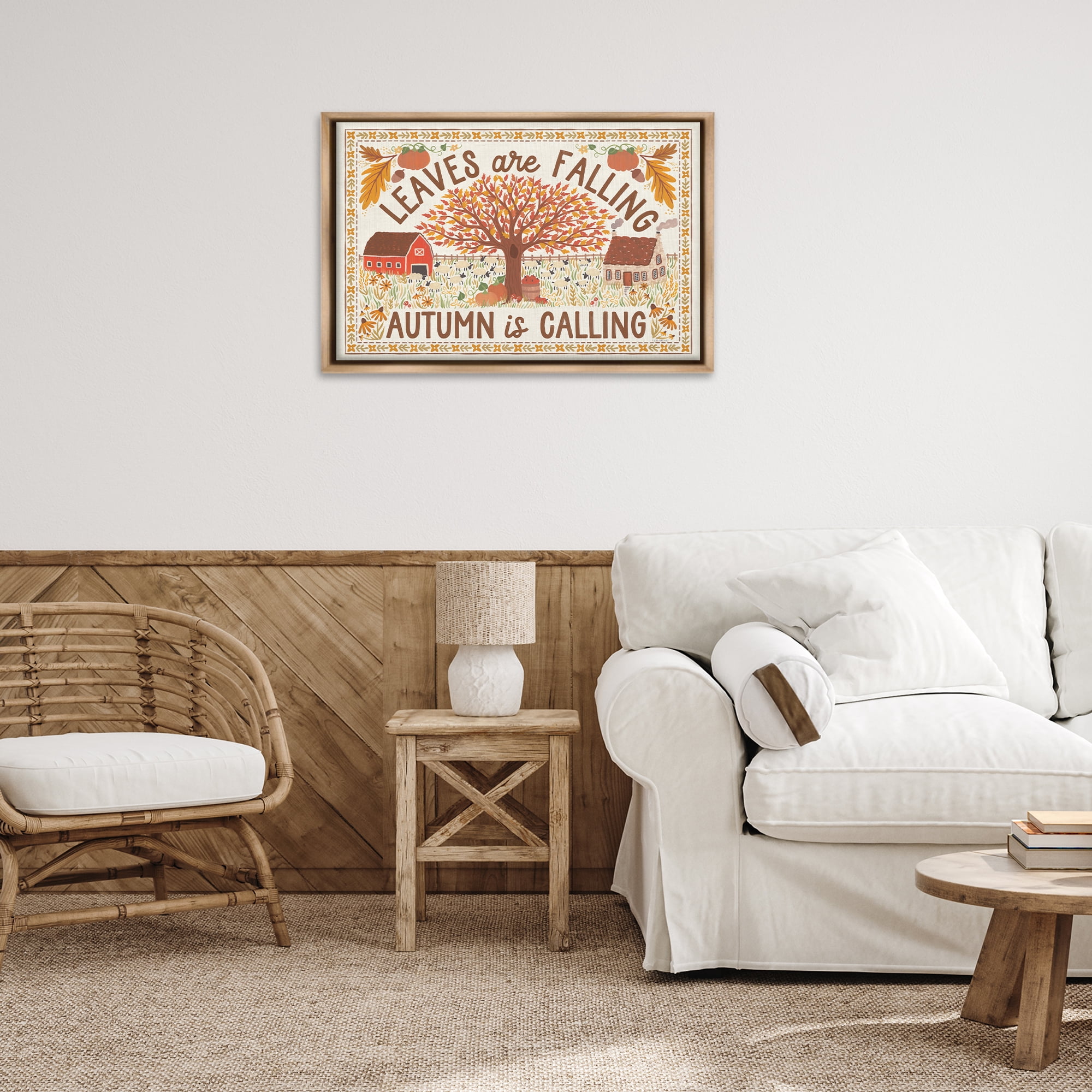 Stupell Industries Leaves Are Falling Scene Landscape Painting Brown Floater Framed Canvas Art Prints Wall Art, 31 x 21