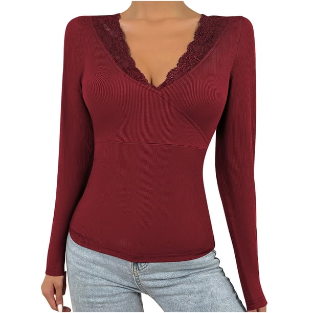 Jersey de mujer con fondo de camisa Sexy de encaje de punto con retazos de encaje con cuello en V de Color sólido Pompotops FGAJ14246
