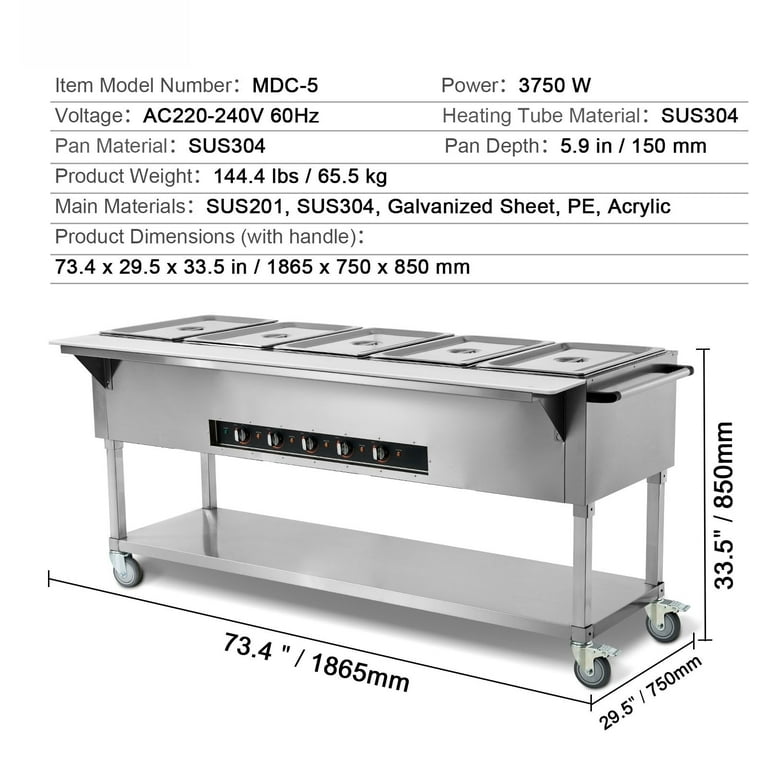 SKYSHALO 5-Pan Commercial Food Warmer 5 x 20.6QT Electric Steam 