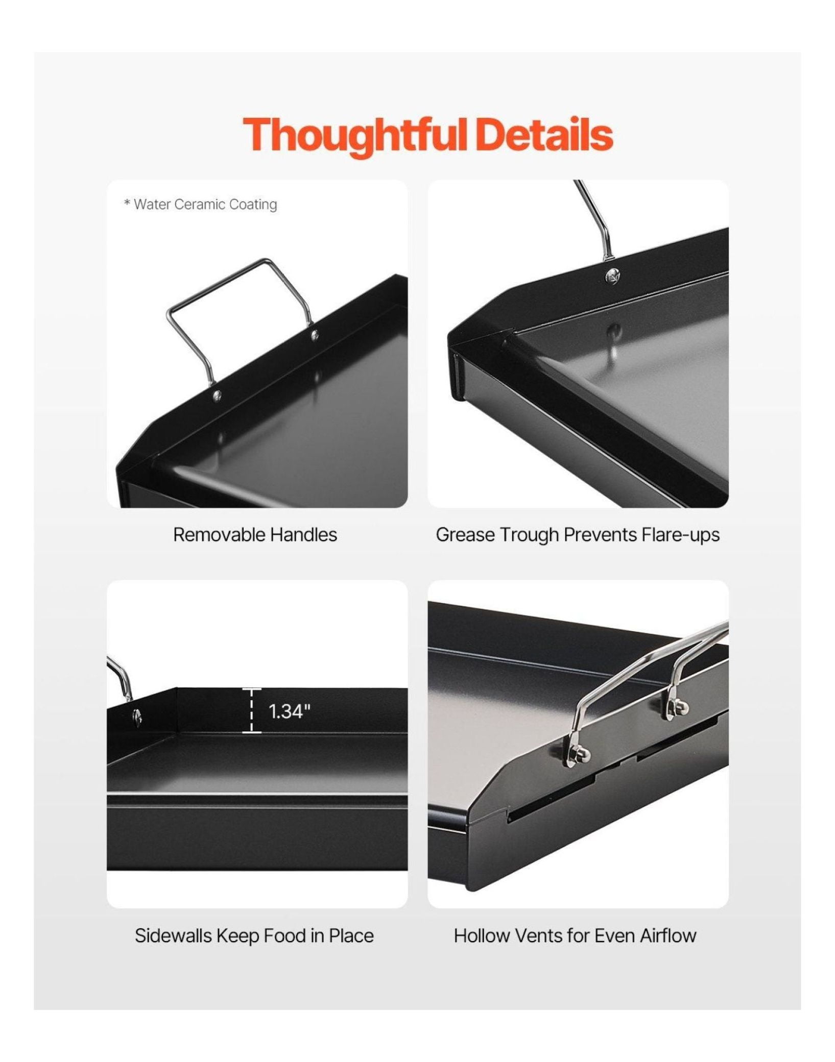 Carbon Steel Griddle 24x16 inch, BBQ Grill Pan, Flat Top Griddle for Gas Stove, Universal Cookware with Grease Trough, Removable Handles