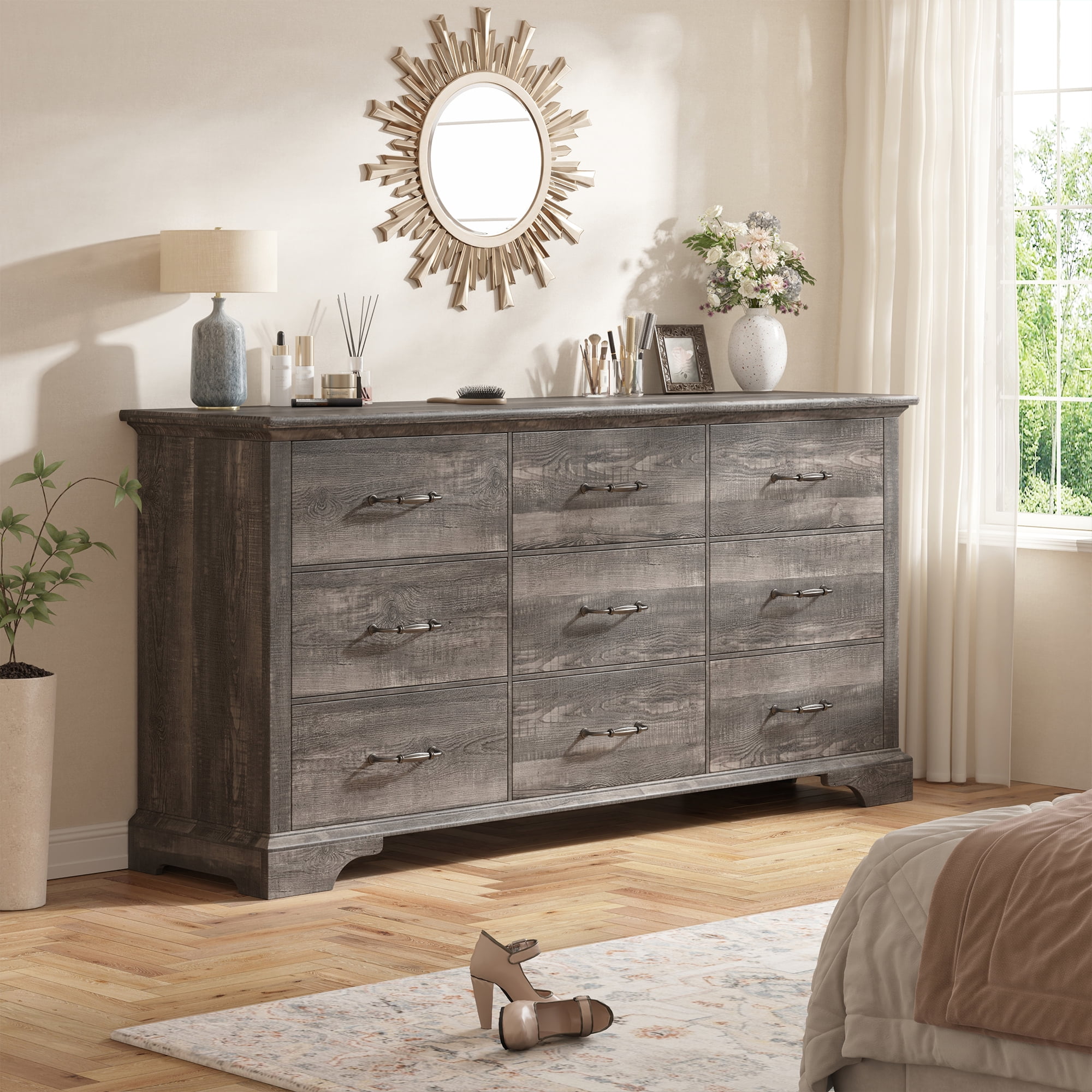 EnHomee 9 Drawer Dresser Wood Dresser for Bedroom Dressers&Chest of Drawers 63" Long Dresser TV Stand,Dark Rustic Oak