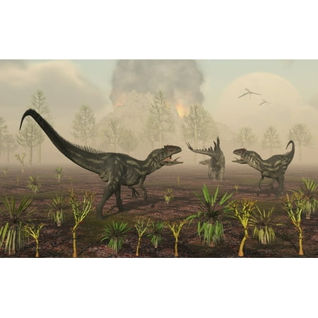 - A pair of carnivorous Allosaurus dinosaurs tracking down a lone herbivorous Stegosaurus Poster Print
