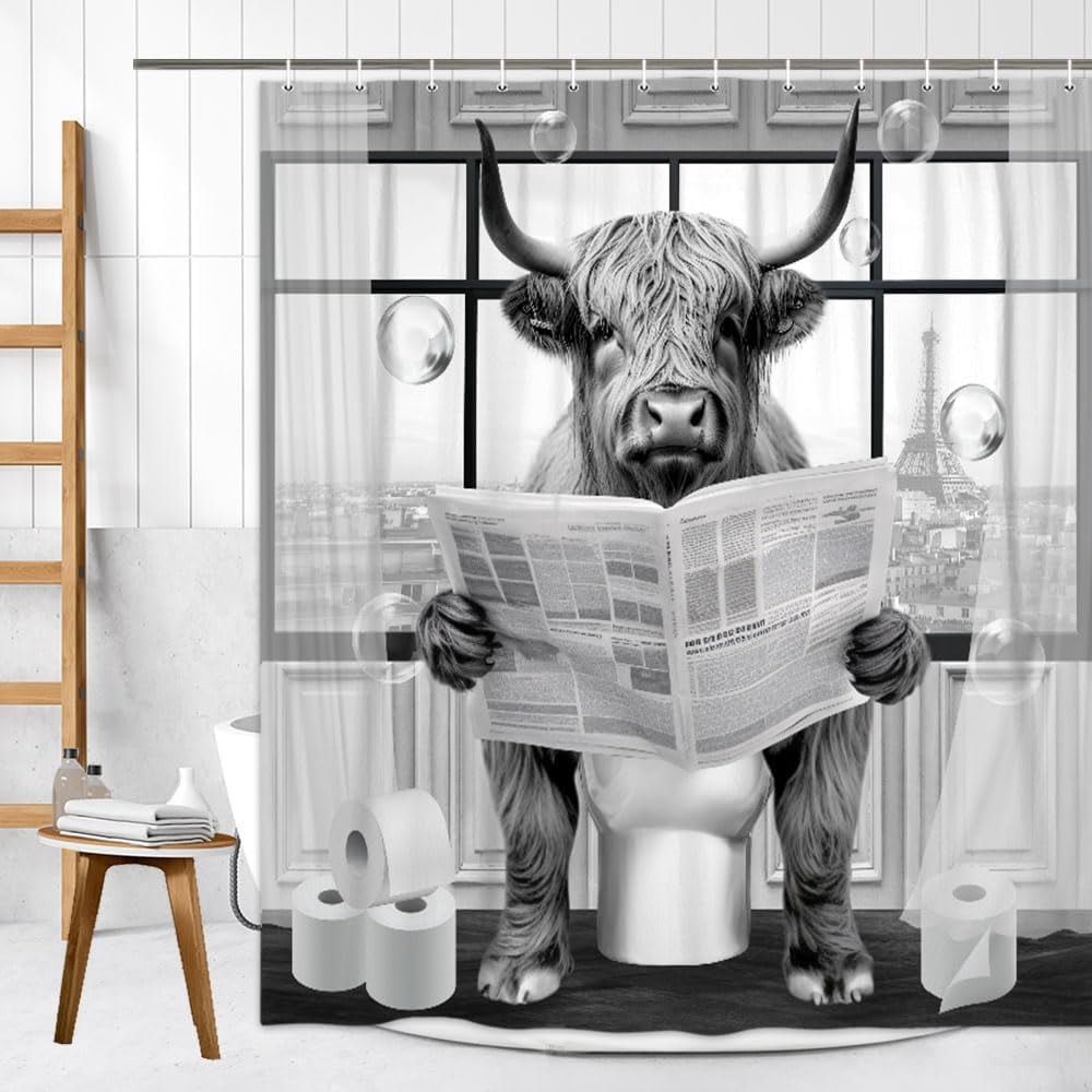 Funny Highland Cattle Cow Bull Shower Curtain, Black and White Cattle Reading Newspaper on Toilet Shower Curtains Set, Humor Western West Farmhouse Shower Curtains with Hooks 36x72inch
