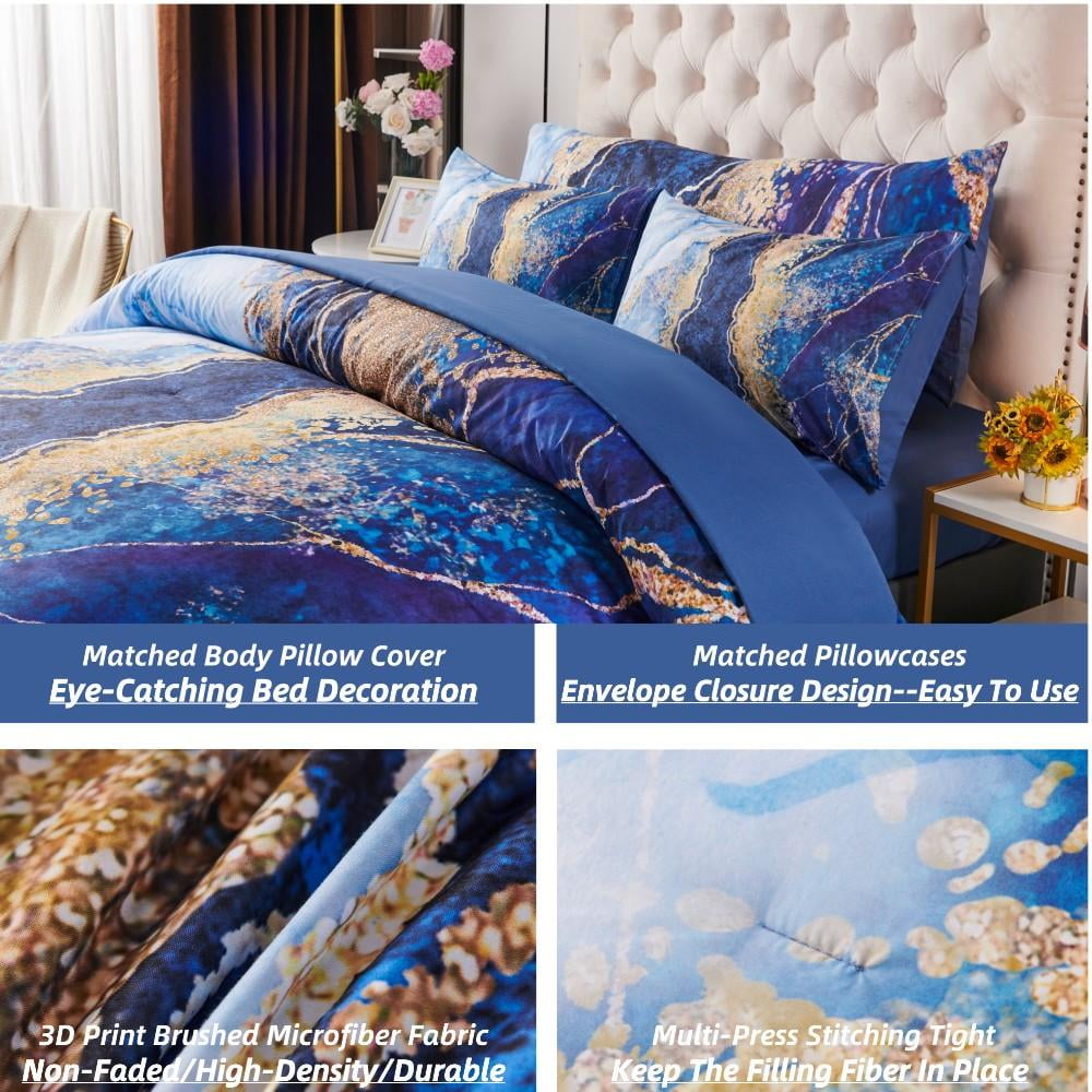 PERFEMET 6-Piece Light Blue King Size Comforter Set,Watercolor Marble Printed Bed in a Bag Set,Retro Artwork Style Bedding Set for Women Men