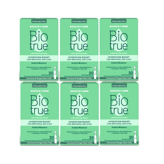 6 Pack - Biotrue Hydration Boost Eye Drops for Irritated, Dry Eyes in Single Dose Vials from Bausch   Lomb, Instant Moisture, Preservative Free, pH Balanced, Naturally Inspired, 30 Count