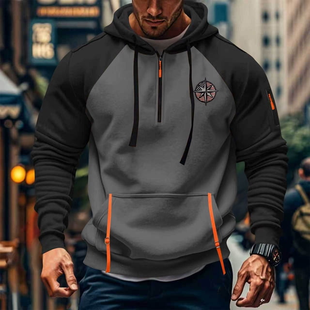 Sudadera con capucha para hombre, con bloques de color, bordado, bolsillo, media cremallera, cordón ajustable, informal, deportiva, manga larga, sudadera con capucha, blusa de poliéster para hombre