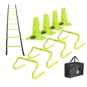 Pro Footwork Agility Ladder and Hurdle Training Set with Carry Bag - Speed Training Exercise Practice for Soccer, Football & All Sports - Adjustable Heights 6?, 9? & 12? (Green-Pro footwork 2.0)