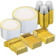 N9R 600PCS Gold Disposable Plates, Heavy Duty Plastic Dinnerware Set for 100 Guests Includes 100 Dinner & Dessert Plates, Cups, Spoons, Forks, and Knives, Perfect for Parties, Mother's Day, Weddings