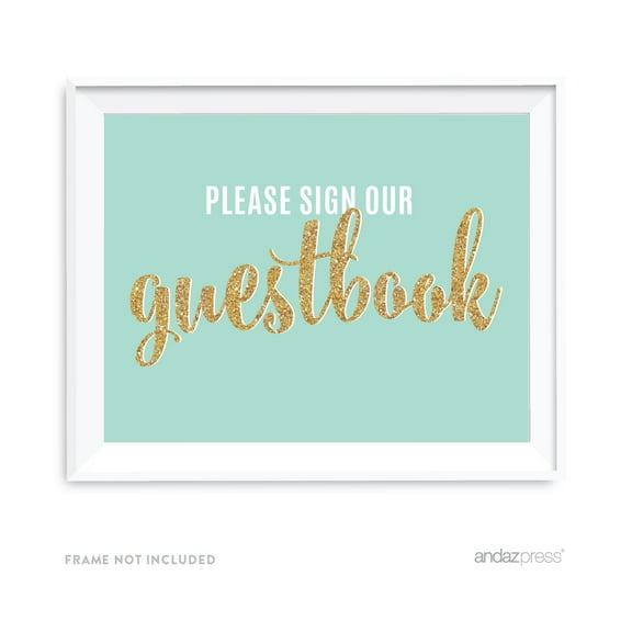 Signature Light Aqua, White, Gold Glittering Party, 8.5x11-inch Party Sign, Please Sign Our Guestbook