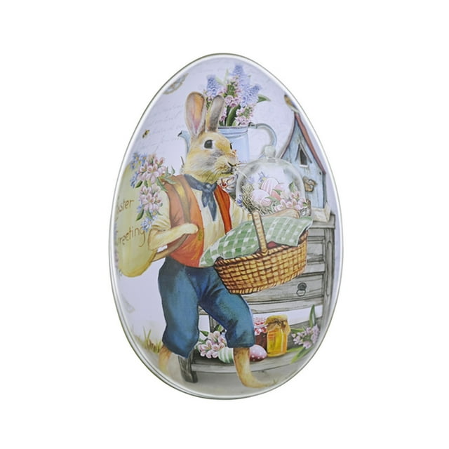 Mialoley Vintage Easter Tins, Cute Bunny Printing Metal Easter Eggshell Style Candy Box Containers