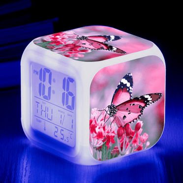 3＂LED Alarm Clock Cartoon Butterfly Pattern Desk Table Glowing Electronic Colorful Digital Clock for Girl Boy Kids Children Bedroom Toy Birthday Present Gift